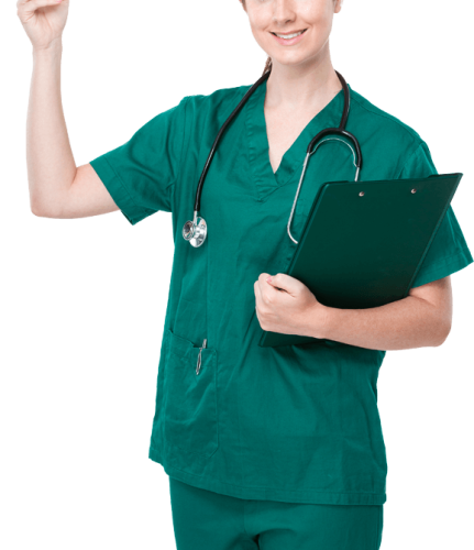 doctor-woman-with-clipboard-and-finger-point-up-UH62EXM